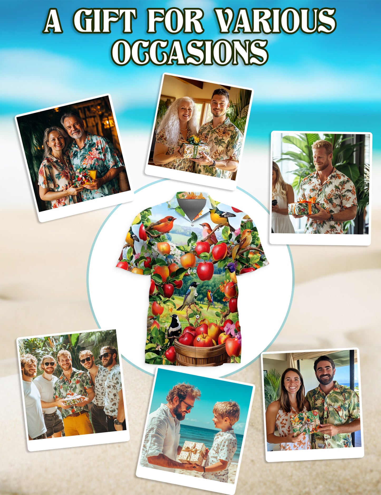 Netecom Apple Fruits and Birds Hawaiian Shirt, Fruits Lover Gifts, Tropical Animal Button Down Summer Beach Shirts