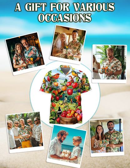 Netecom Apple Fruits and Birds Hawaiian Shirt, Fruits Lover Gifts, Tropical Animal Button Down Summer Beach Shirts