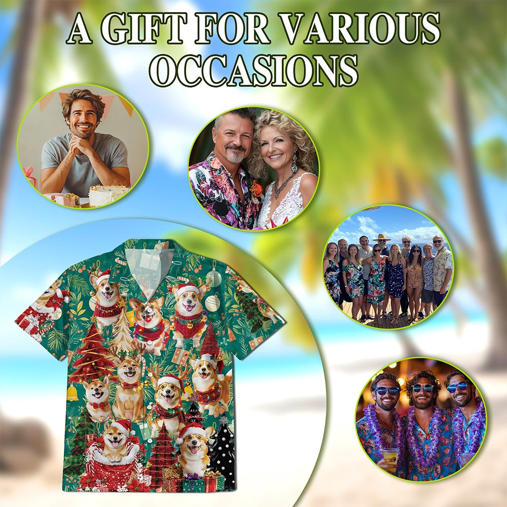 Netecom Christmas Corgi Hawaiian Shirt for Men Women, Cute Dog Lover Holiday Aloha Button Down Short Sleeve Shirt, S-5XL