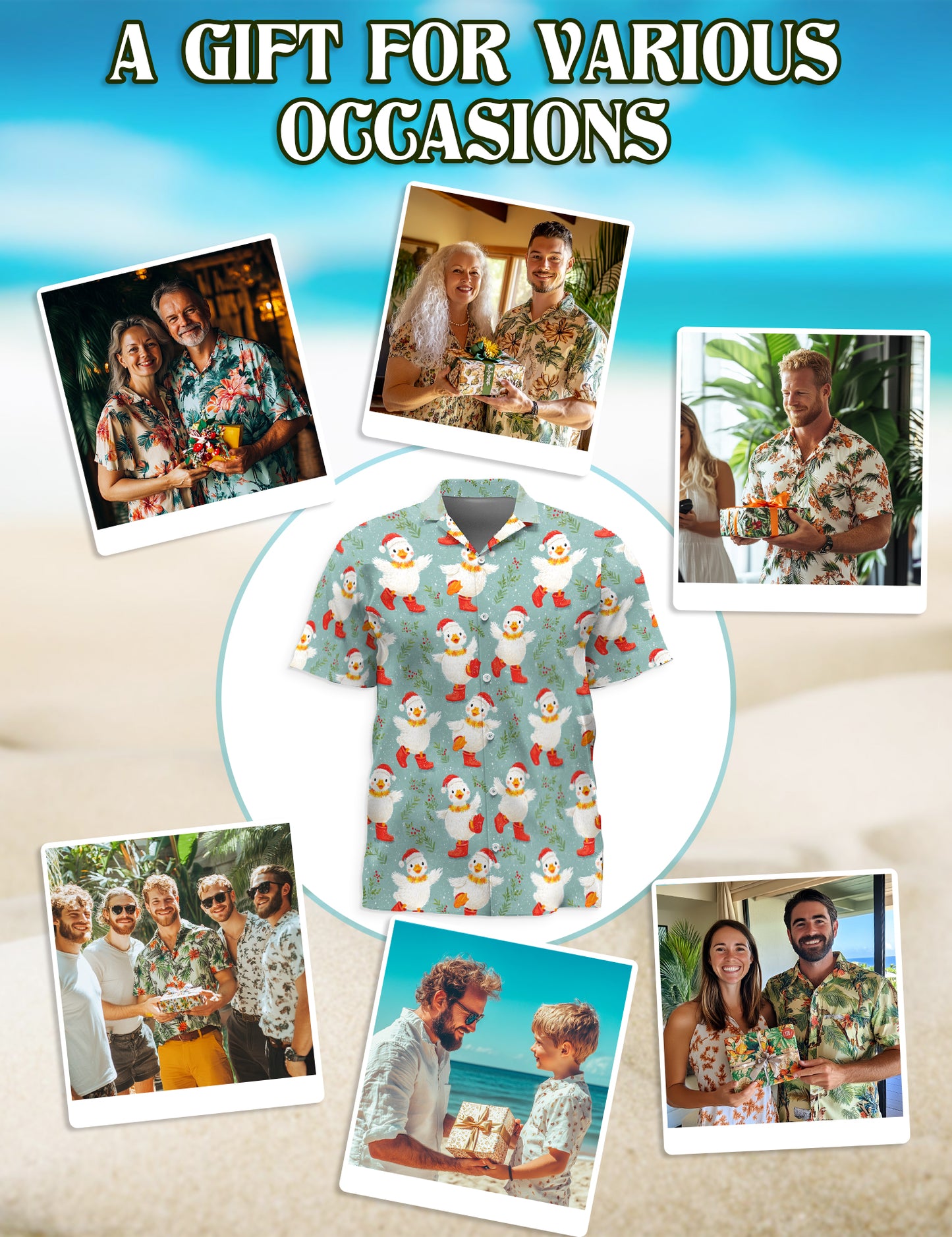 Netecom Snowy Christmas Duck Hawaiian Shirt for Men, Cute Duck Winter Print Button Down Short Sleeve Shirt
