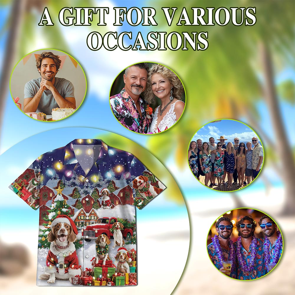 Netecom Brittany Spaniel Christmas Hawaiian Shirt for Men, Festive Dog Holiday Print Button Down Summer Beach Shirt, S-5XL