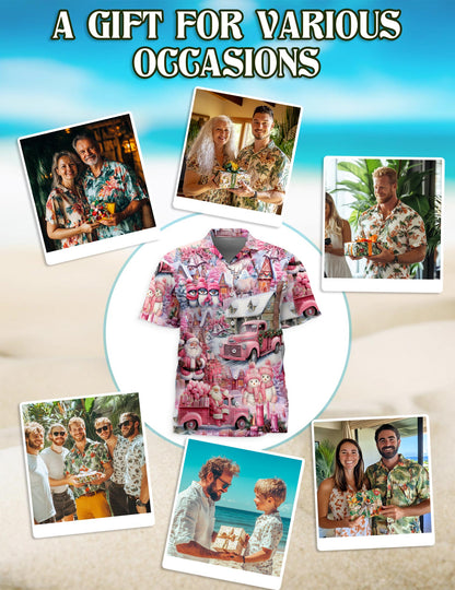 Netecom Pink Christmas Santa Claus Hawaiian Shirt for Men, Cute Holiday Village Print Button Down Summer Beach Shirt, S-5XL