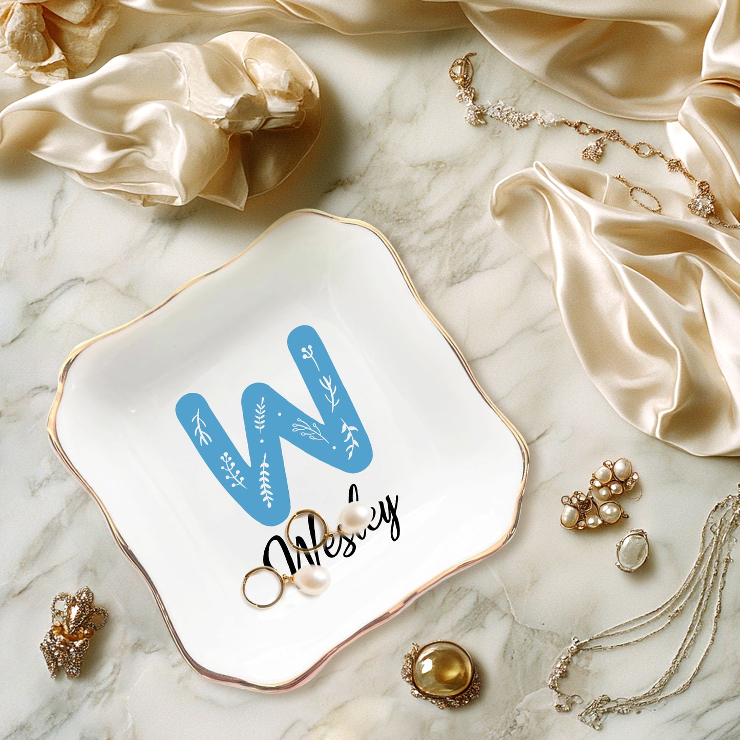 Netecom Custom Floral Jewelry Tray with Personalized Letter and Name, Elegant Ceramic Tray for Gifts and Home Decor