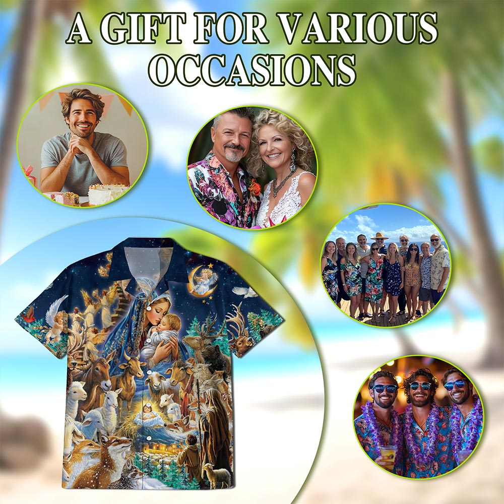 Netecom Nativity Scene Hawaiian Shirt, Holy Family Christian Christmas Button Down Summer Beach Short Sleeve Shirt, S-5XL
