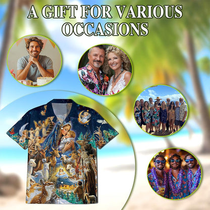 Netecom Nativity Scene Hawaiian Shirt, Holy Family Christian Christmas Button Down Summer Beach Short Sleeve Shirt, S-5XL