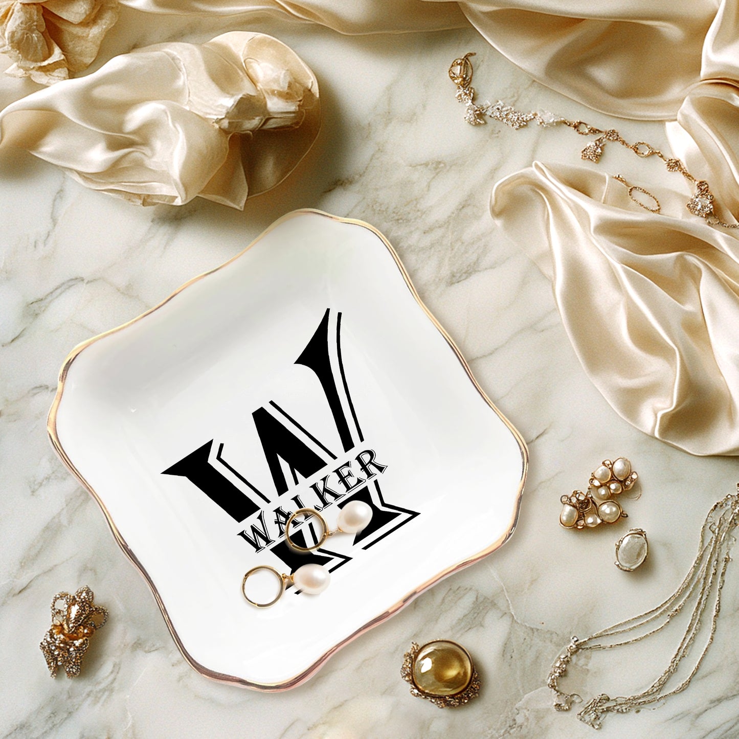 Netecom Personalized Ceramic Jewelry Tray with Custom Initials and Names, Elegant Gift for Weddings, Birthdays, or Special Occasions
