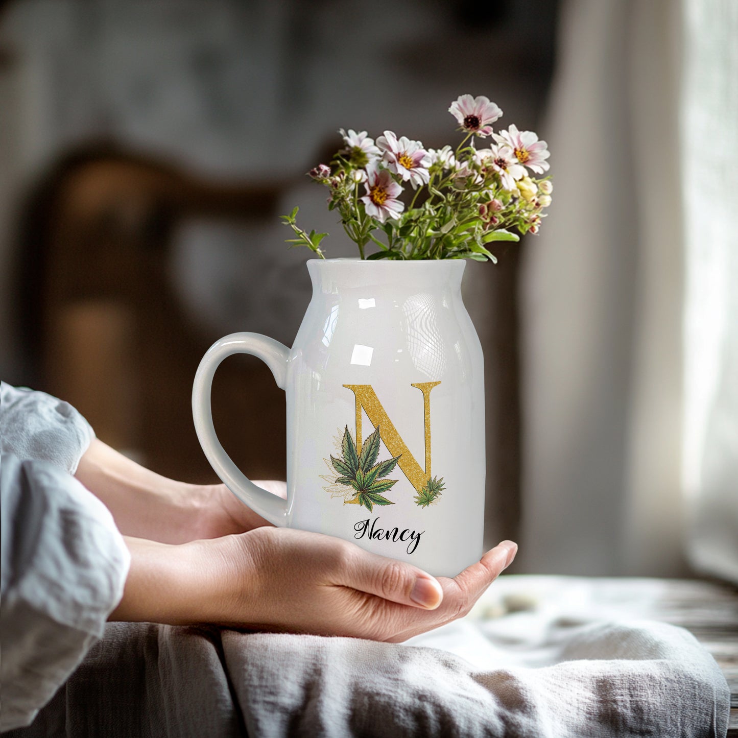 Netecom Personalized Ceramic Flower Pitcher with Gold Initial, Timeless Farmhouse Decor Gift for Mother’s Day, Anniversary, or Christmas