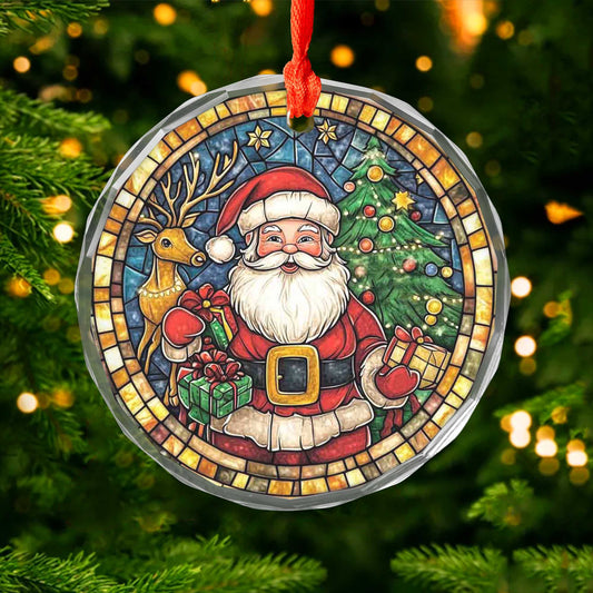 Netecom Merry Santa Claus & Reindeer Glass Ornament – Festive Christmas Tree Decoration, Colorful Holiday Keepsake, 3 in