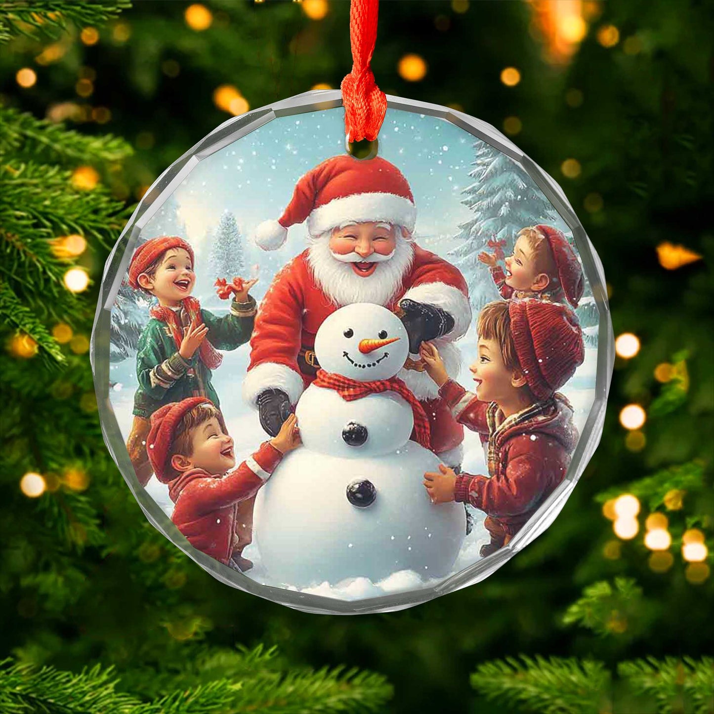 Netecom Santa Claus and Children Glass Ornament – Christmas Tree Decoration with Snowman, Holiday Keepsake, 3 in