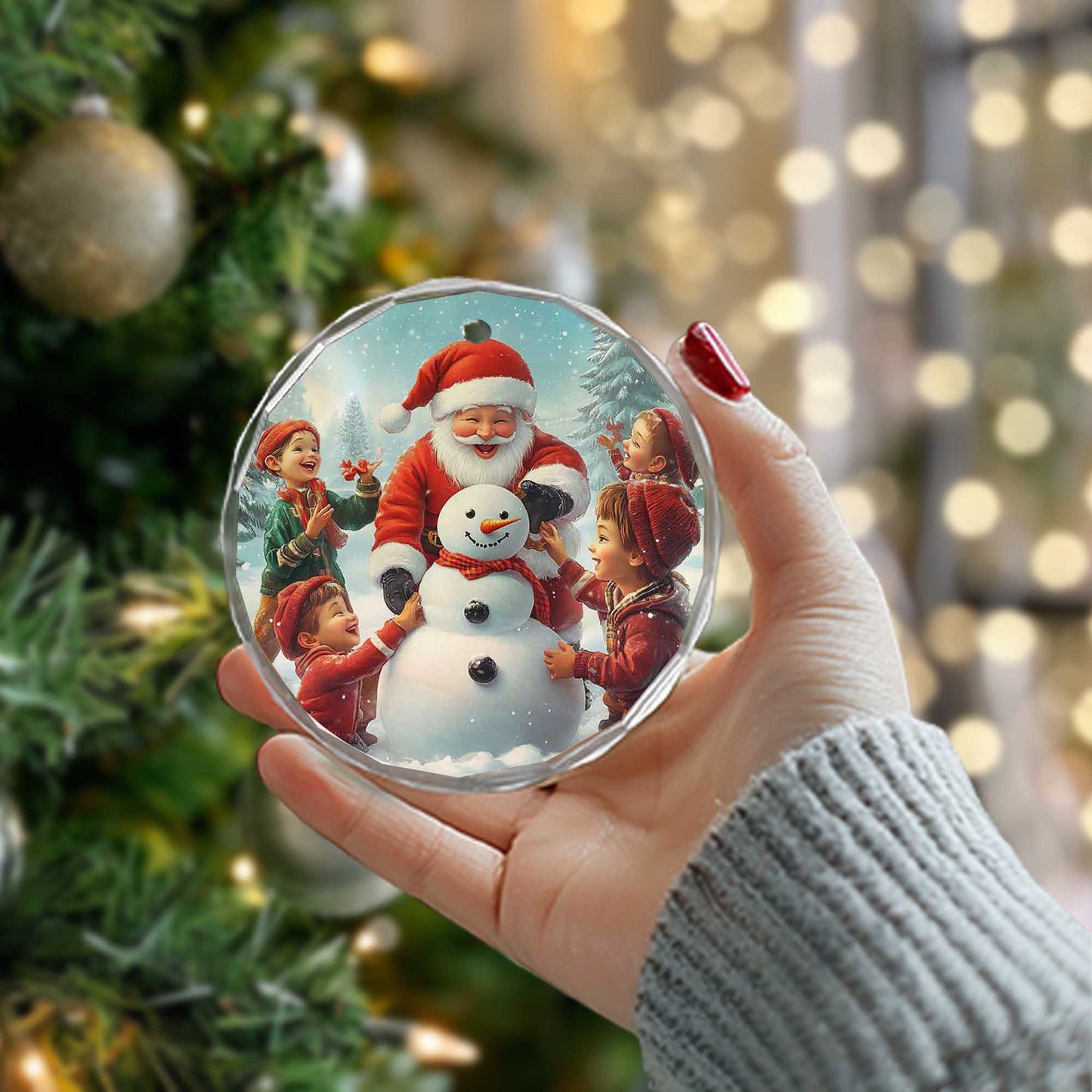Netecom Santa Claus and Children Glass Ornament – Christmas Tree Decoration with Snowman, Holiday Keepsake, 3 in