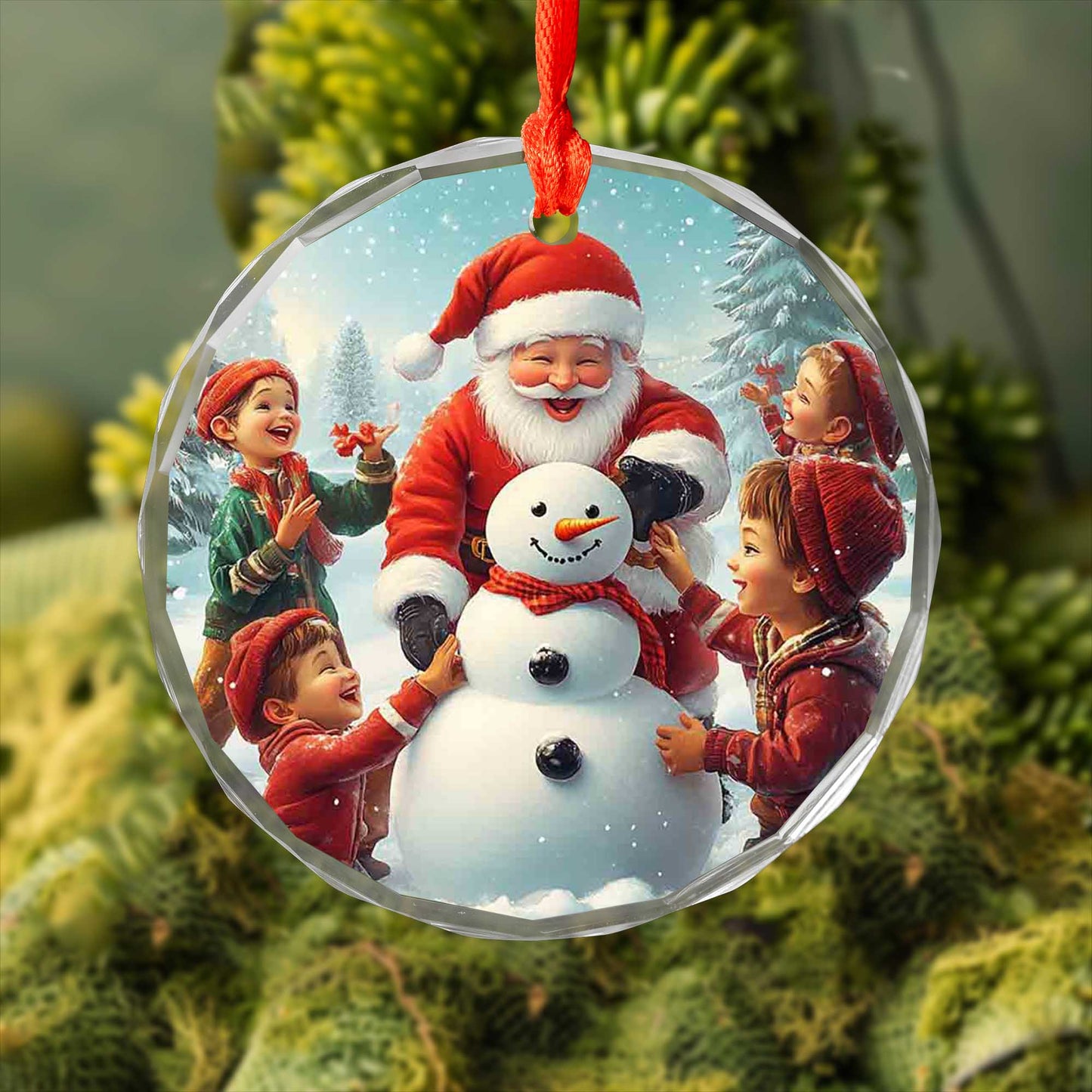 Netecom Santa Claus and Children Glass Ornament – Christmas Tree Decoration with Snowman, Holiday Keepsake, 3 in