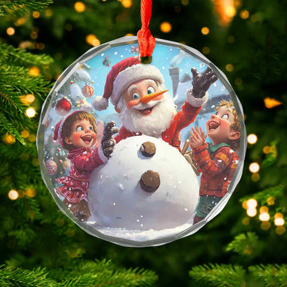 Netecom Santa Claus and Children with Snowman Glass Ornament – Holiday Tree Decoration, Gift Keepsake, 3 in