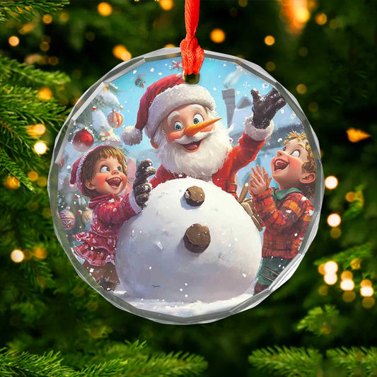 Netecom Santa Claus and Children with Snowman Glass Ornament – Holiday Tree Decoration, Gift Keepsake, 3 in