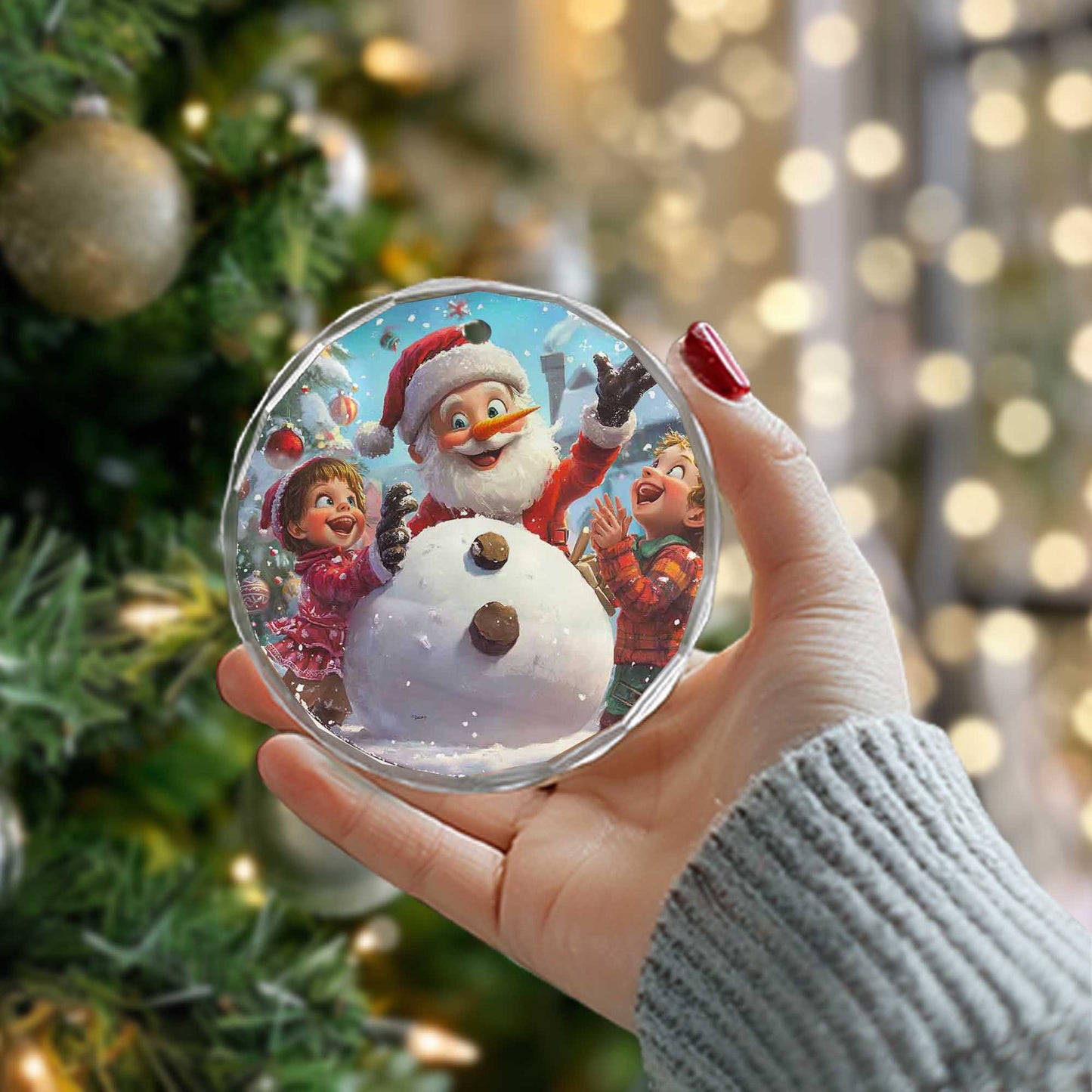 Netecom Santa Claus and Children with Snowman Glass Ornament – Holiday Tree Decoration, Gift Keepsake, 3 in