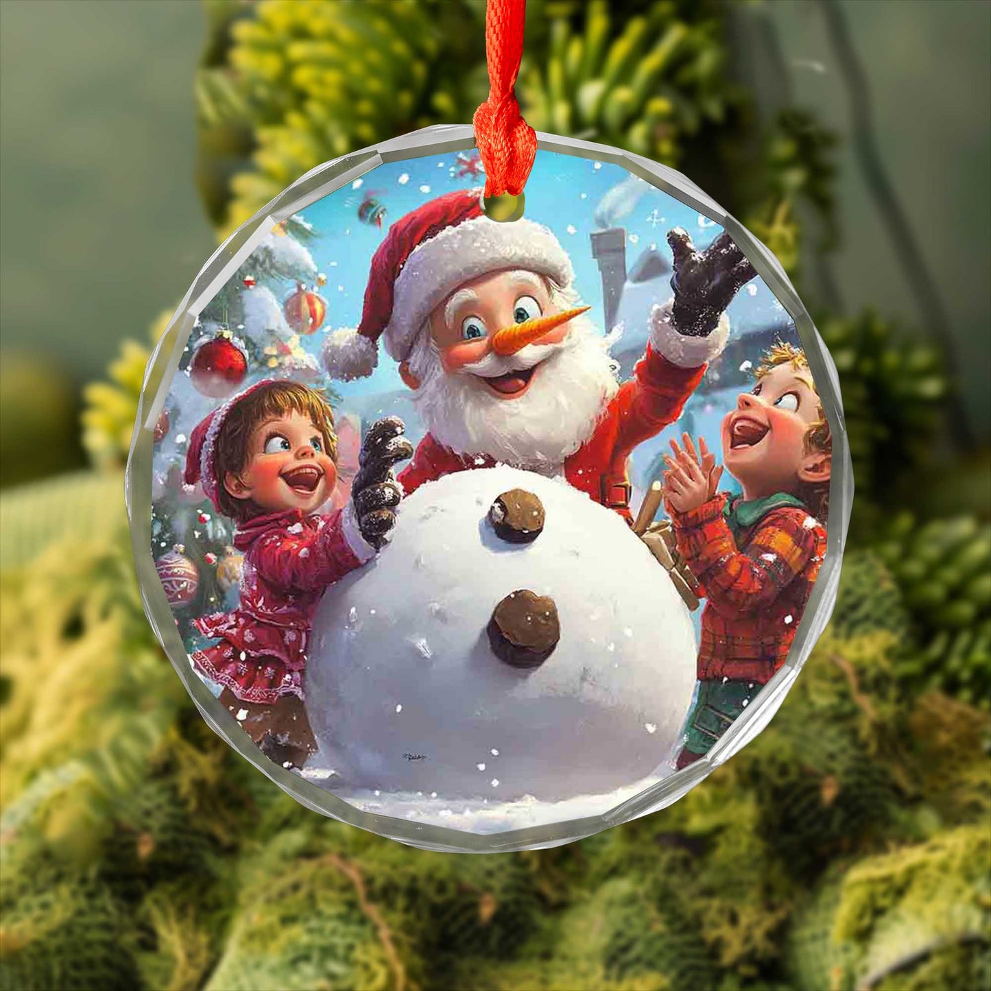 Netecom Santa Claus and Children with Snowman Glass Ornament – Holiday Tree Decoration, Gift Keepsake, 3 in