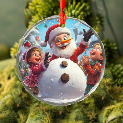 Netecom Santa Claus and Children with Snowman Glass Ornament – Holiday Tree Decoration, Gift Keepsake, 3 in