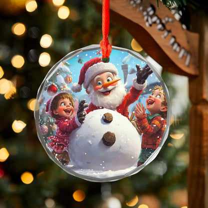 Netecom Santa Claus and Children with Snowman Glass Ornament – Holiday Tree Decoration, Gift Keepsake, 3 in