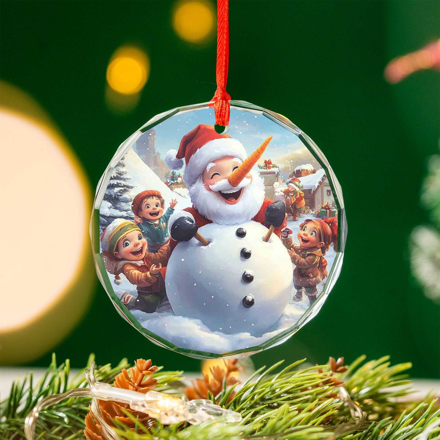 Netecom Santa Claus with Children and Snowman Glass Ornament – Christmas Tree Decoration, Perfect Holiday Gift, 3 in