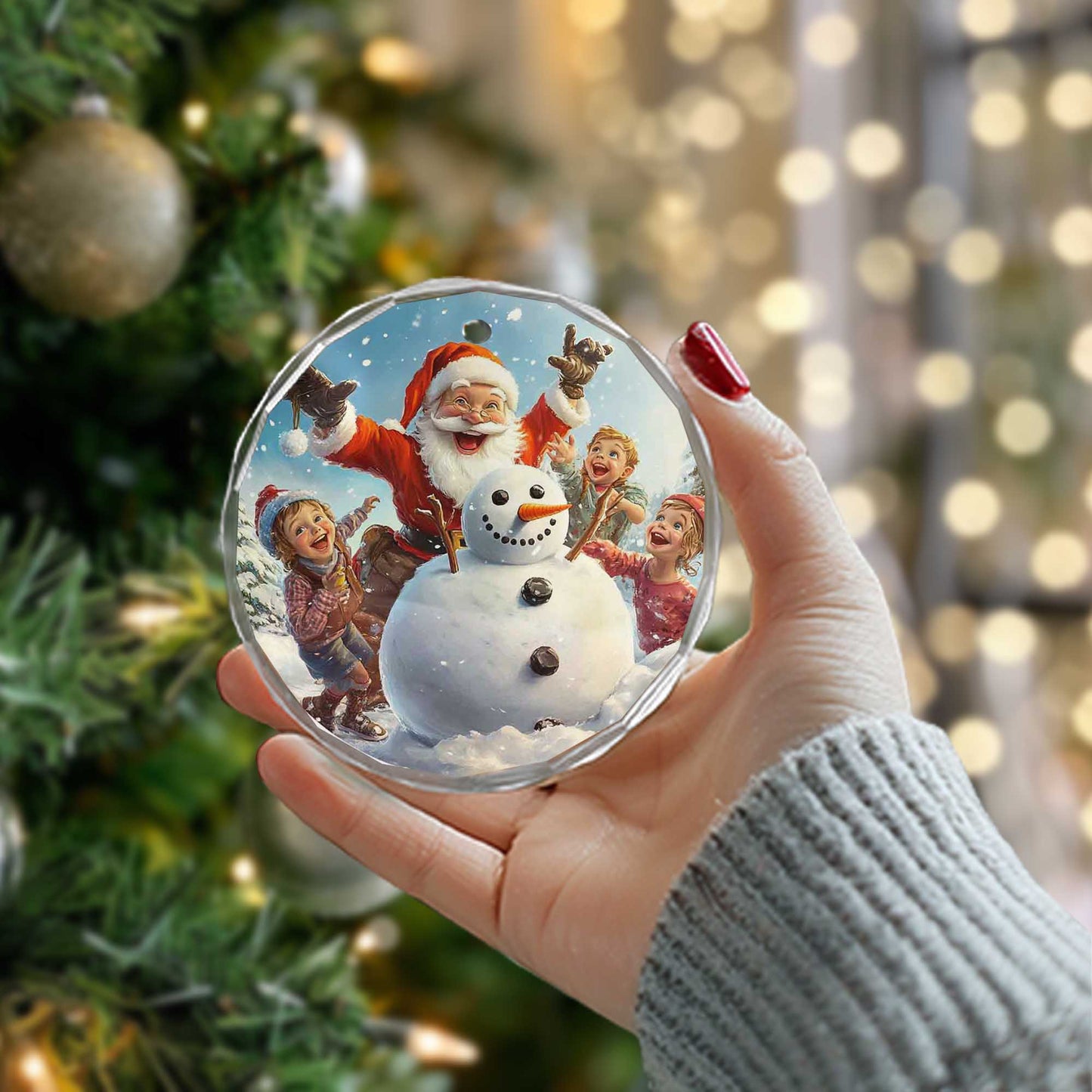 Netecom Santa Claus, Snowman, and Happy Children Glass Ornament – Christmas Tree Decoration, Festive Keepsake, 3 in