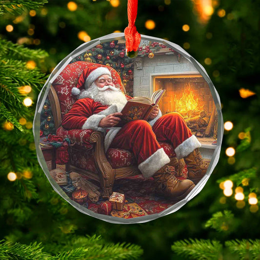 Netecom Santa Claus in Cozy Chair Glass Ornament – Christmas Tree Decor with Fireplace, Seasonal Keepsake, 3 in