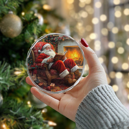 Netecom Santa Claus in Cozy Chair Glass Ornament – Christmas Tree Decor with Fireplace, Seasonal Keepsake, 3 in