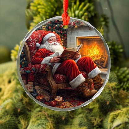 Netecom Santa Claus in Cozy Chair Glass Ornament – Christmas Tree Decor with Fireplace, Seasonal Keepsake, 3 in