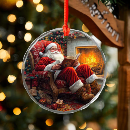 Netecom Santa Claus in Cozy Chair Glass Ornament – Christmas Tree Decor with Fireplace, Seasonal Keepsake, 3 in