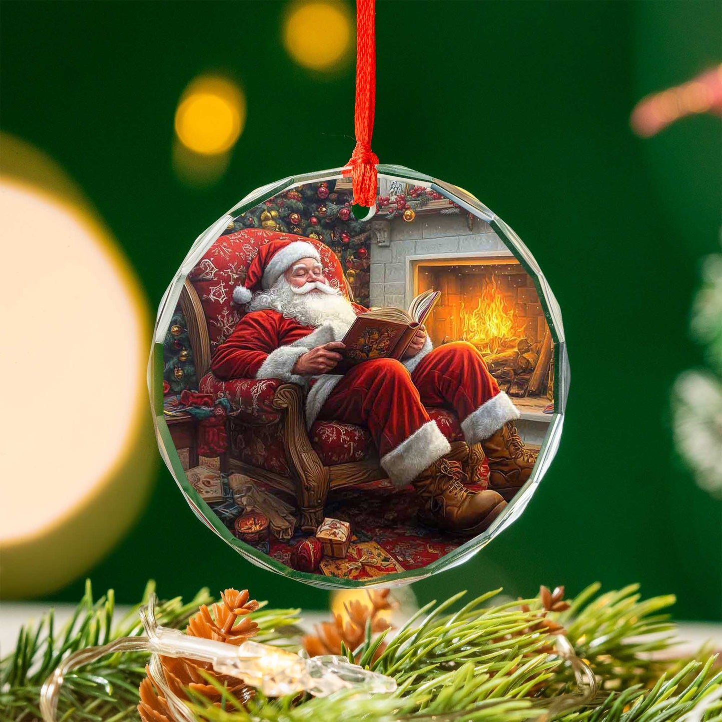 Netecom Santa Claus in Cozy Chair Glass Ornament – Christmas Tree Decor with Fireplace, Seasonal Keepsake, 3 in