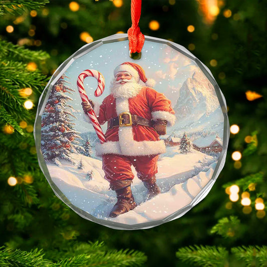 Netecom Santa Claus with Candy Cane Glass Ornament – Christmas Tree Decoration, Holiday Keepsake Gift, 3 in
