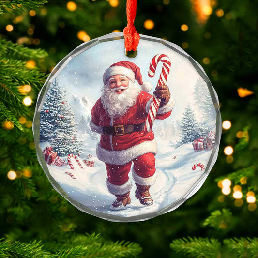 Netecom Santa Claus Glass Ornament – Walking in Snow with Candy Cane, Christmas Tree Decor, Perfect Keepsake Gift, 3 in