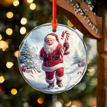 Netecom Santa Claus Glass Ornament – Walking in Snow with Candy Cane, Christmas Tree Decor, Perfect Keepsake Gift, 3 in