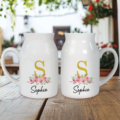 Netecom Custom Initial and Name Ceramic Jug, Modern Floral Vase, Thoughtful Gift for Mother’s Day, Birthday, or Housewarming