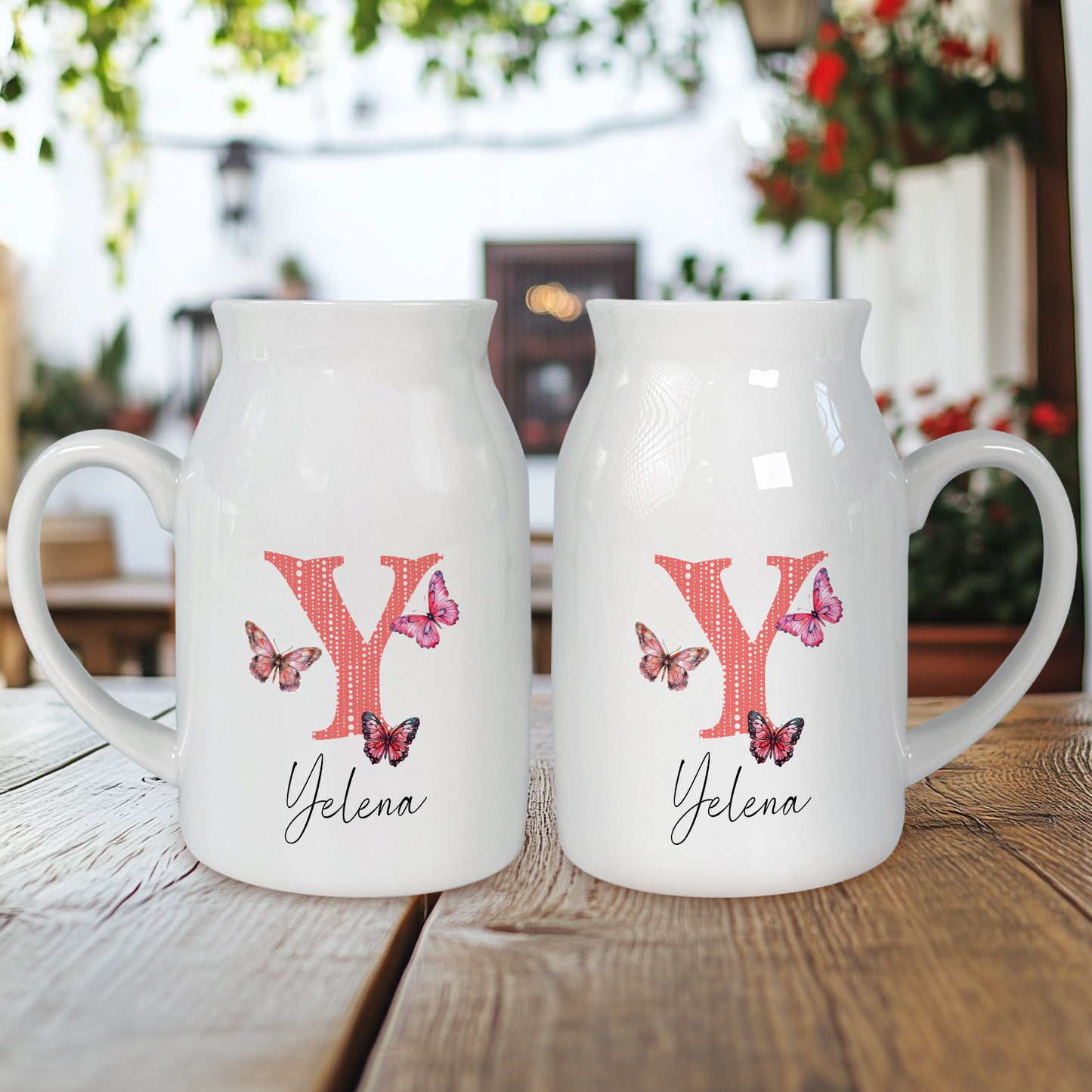 Netecom Custom Floral Initial Ceramic Jug Vase with Personalized Name, Stylish Farmhouse Gift for Birthday, Wedding, or Holiday Decor