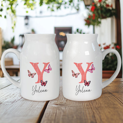 Netecom Custom Floral Initial Ceramic Jug Vase with Personalized Name, Stylish Farmhouse Gift for Birthday, Wedding, or Holiday Decor