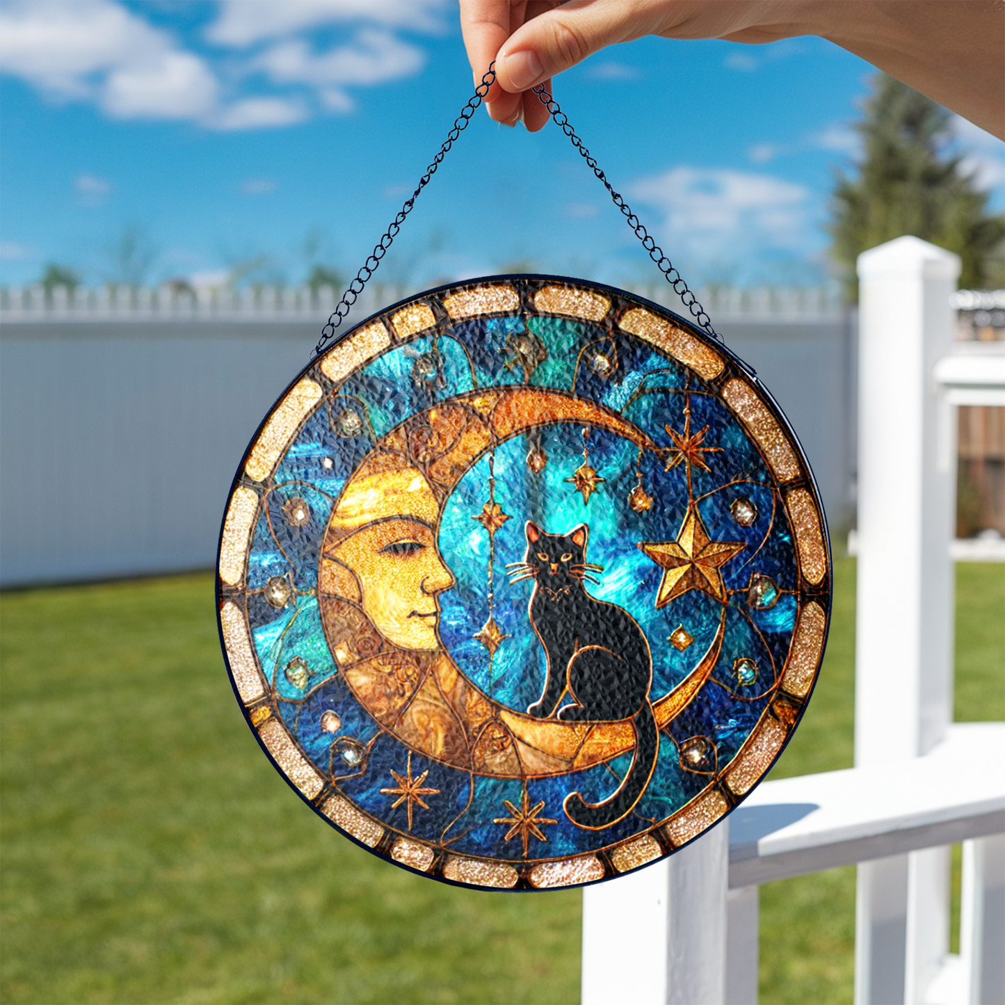 Netecom Black Cat on Moon Stained Glass Suncatcher , Celestial Witchy Window Decor , Unique Gift for Cat Lovers & Mystical Home Accent