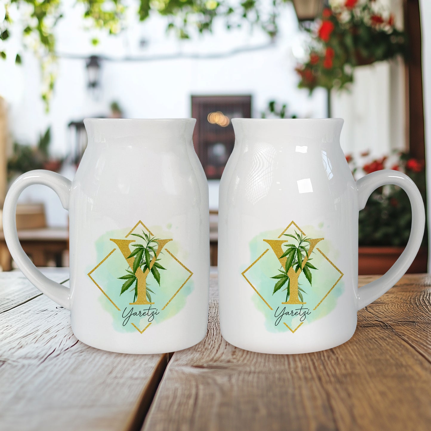 Netecom Floral Gold Initial Ceramic Pitcher with Custom Name, Elegant Farmhouse Vase for Wedding, Valentine’s Day, or Anniversary Gift