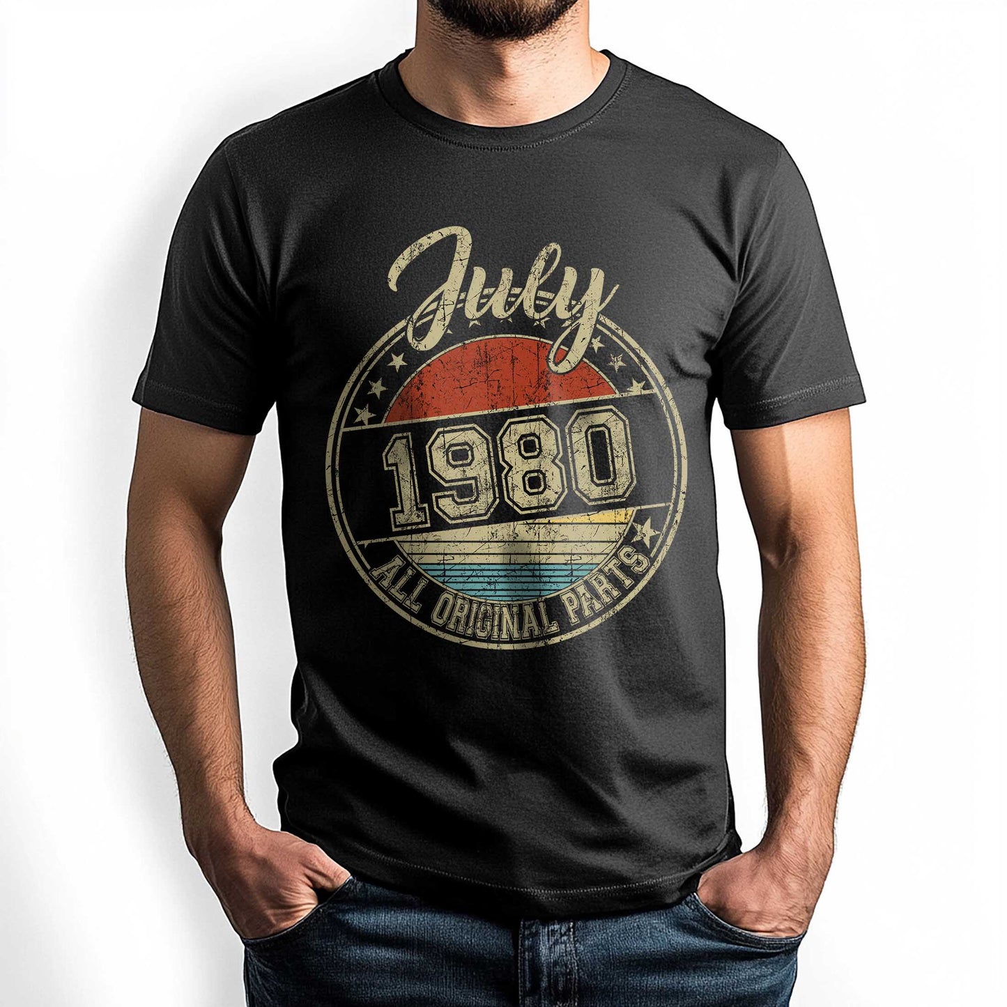 Netecom July 1980 All Original Parts T-Shirt, Retro Birthday Shirt for Men, Perfect Gift for July Birthday