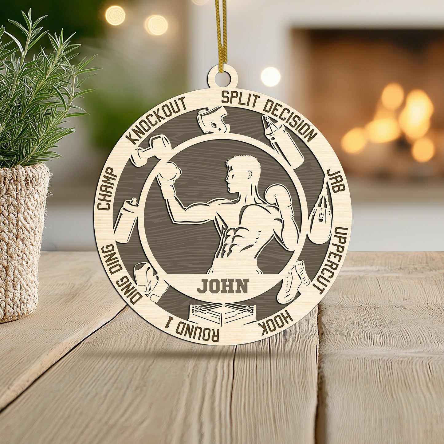 Netecom Personalized Boxing Ornament – Custom Wood Boxing Christmas Decoration with Engraved Name and Sports Design