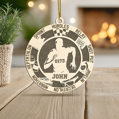 Netecom Track & Field Player Ornament – Personalized Wooden Decoration with Name & Athletic Terms
