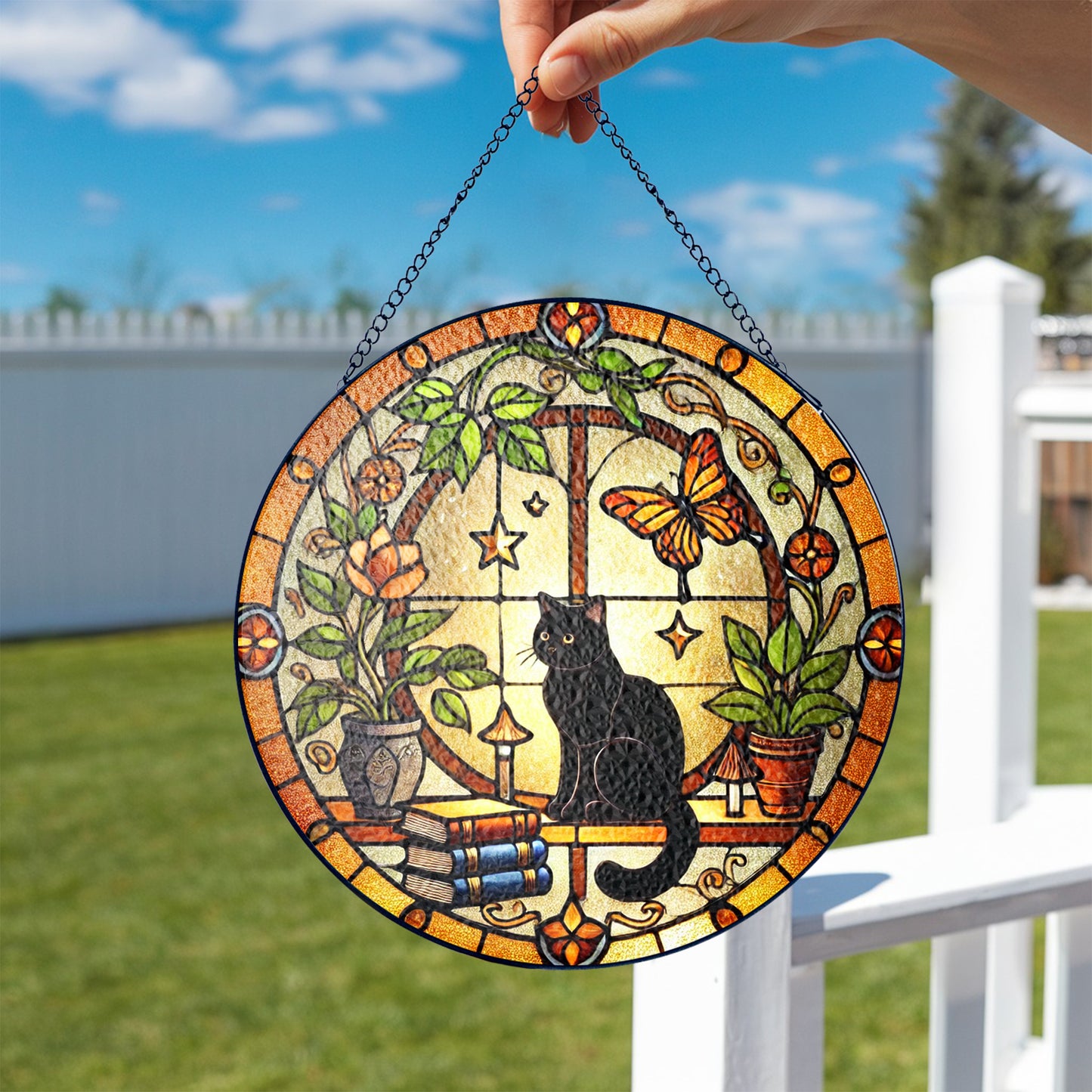 Netecom Black Cat and Books Stained Glass Suncatcher, Golden Floral Window Hanging, Cozy Home Decor, Christmas Gift for Cat Lovers and Book Enthusiasts