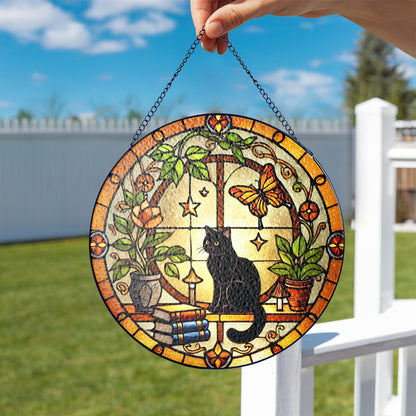 Netecom Black Cat and Books Stained Glass Suncatcher, Golden Floral Window Hanging, Cozy Home Decor, Christmas Gift for Cat Lovers and Book Enthusiasts