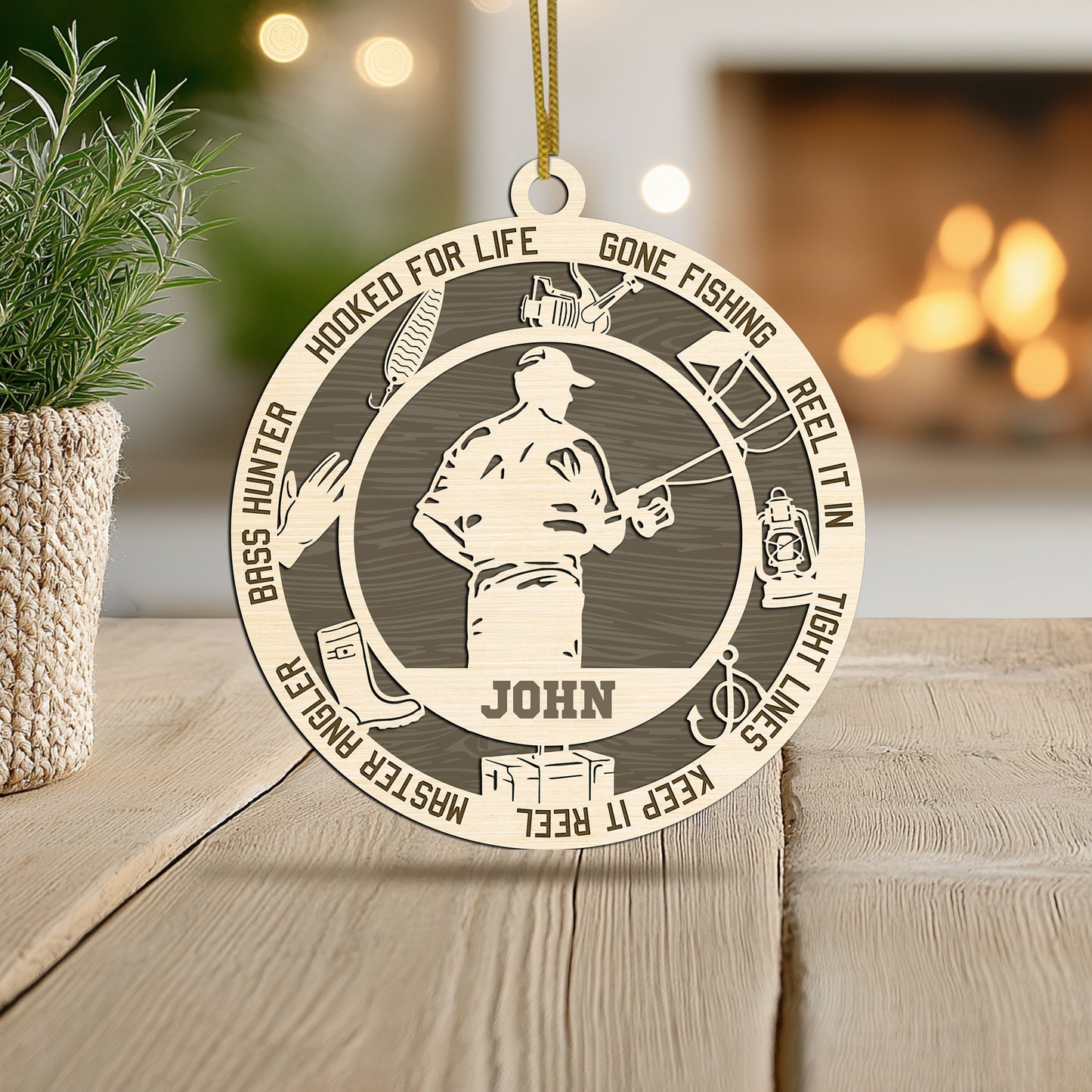 Netecom Personalized Custom Fishing Ornament – Personalized Wooden Fishing Design with “Gone Fishing” & Custom Name