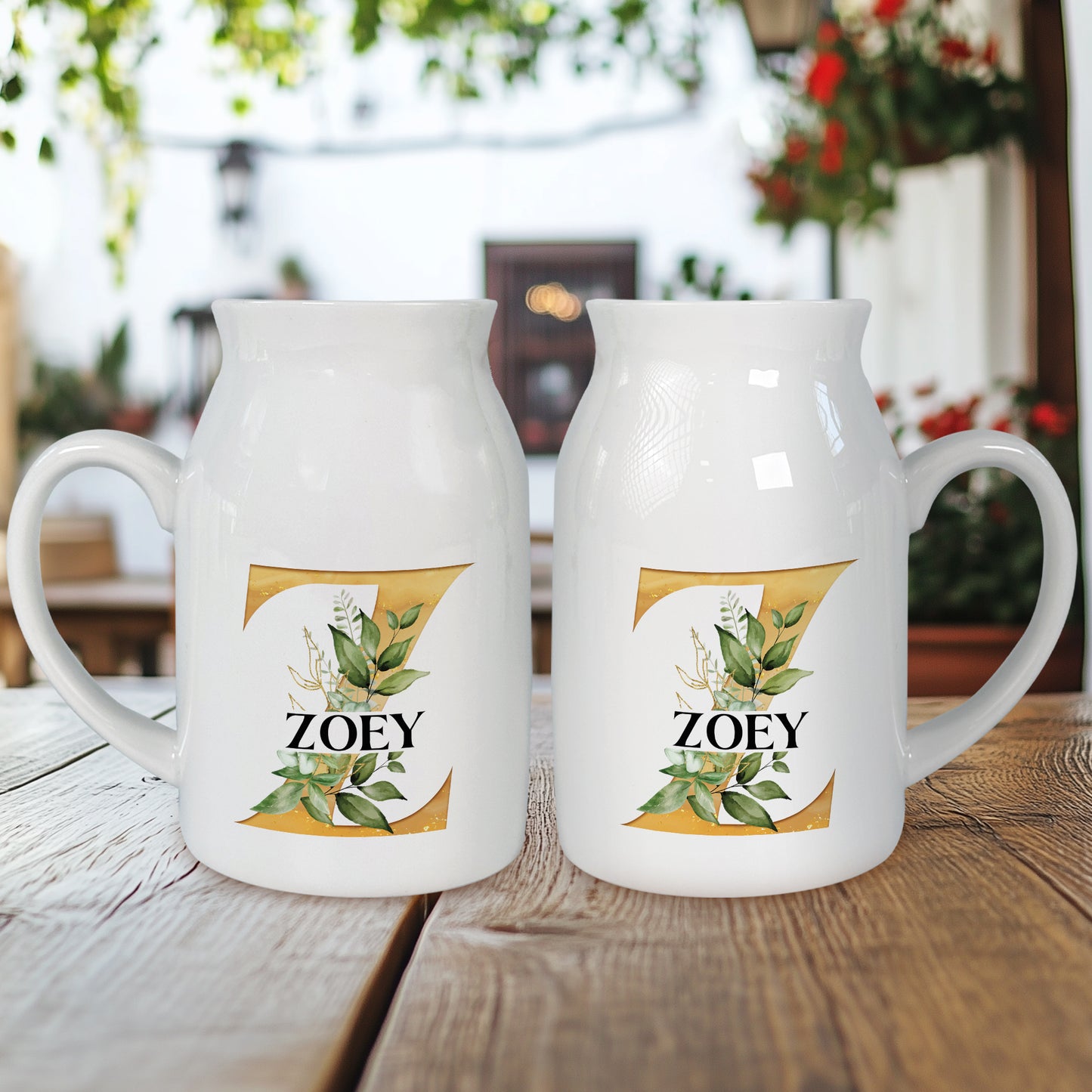 Netecom Personalized Ceramic Jug Vase with Gold Floral Initial and Name, Elegant Home Decor Pitcher, Perfect Gift for Christmas, Weddings, or Mother’s Day