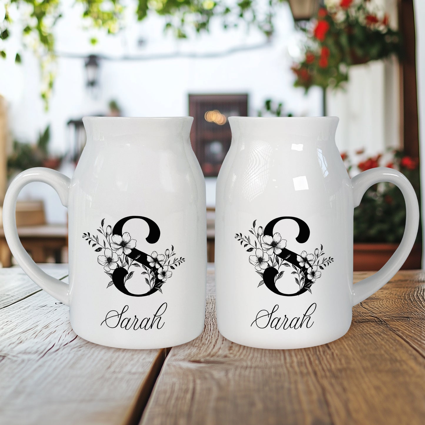 Netecom Elegant Gold Monogram Ceramic Pitcher, Personalized Floral Vase for Christmas, Weddings, or Holiday Home Decor