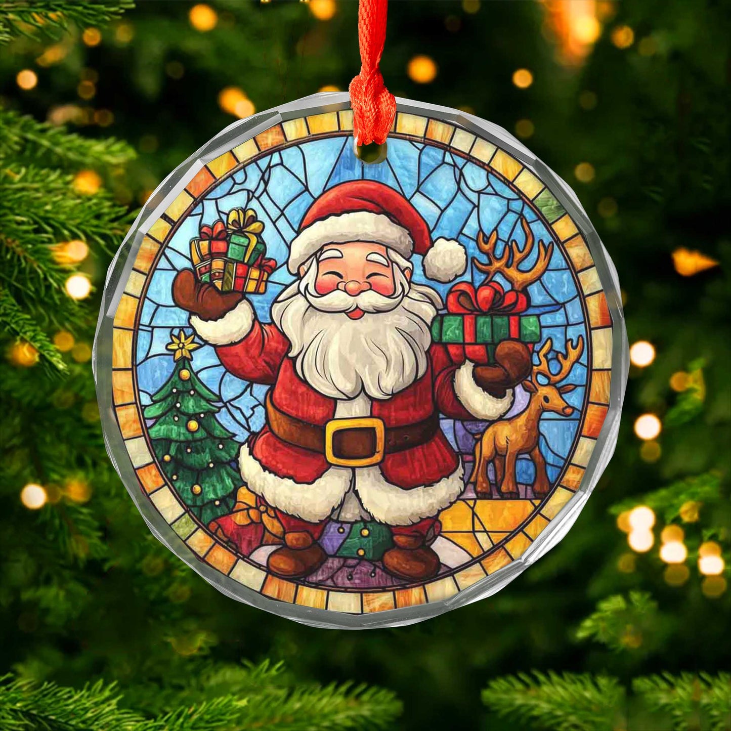 Netecom Santa Claus & Reindeer Stained Glass Ornament – Merry Christmas Tree Decoration, Holiday Gift Keepsake, 3 in