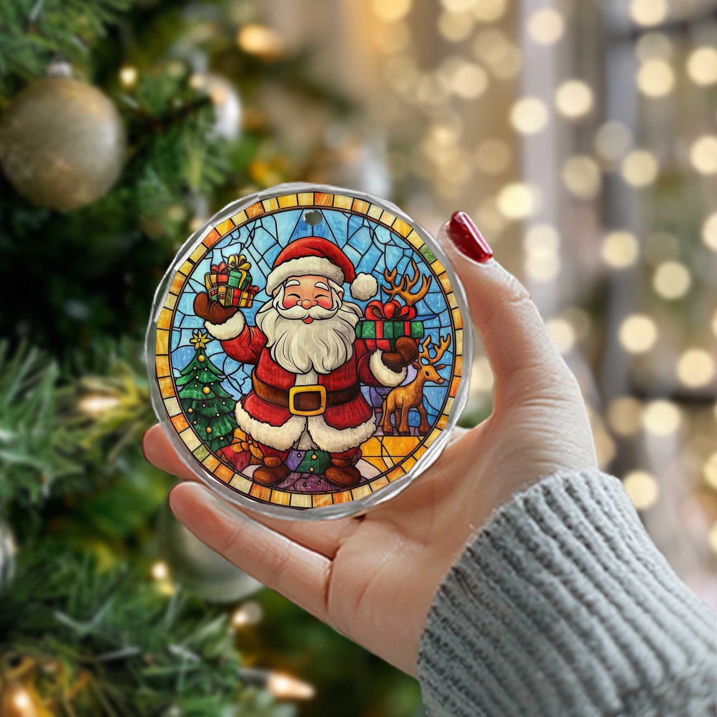 Netecom Santa Claus & Reindeer Stained Glass Ornament – Merry Christmas Tree Decoration, Holiday Gift Keepsake, 3 in