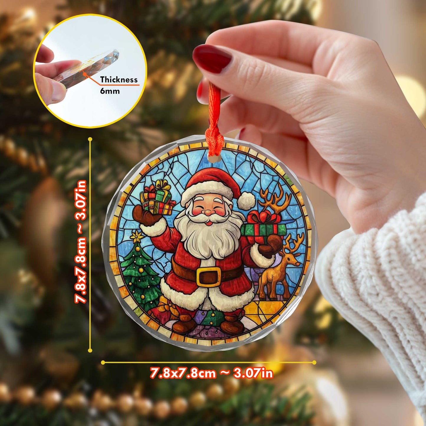 Netecom Santa Claus & Reindeer Stained Glass Ornament – Merry Christmas Tree Decoration, Holiday Gift Keepsake, 3 in