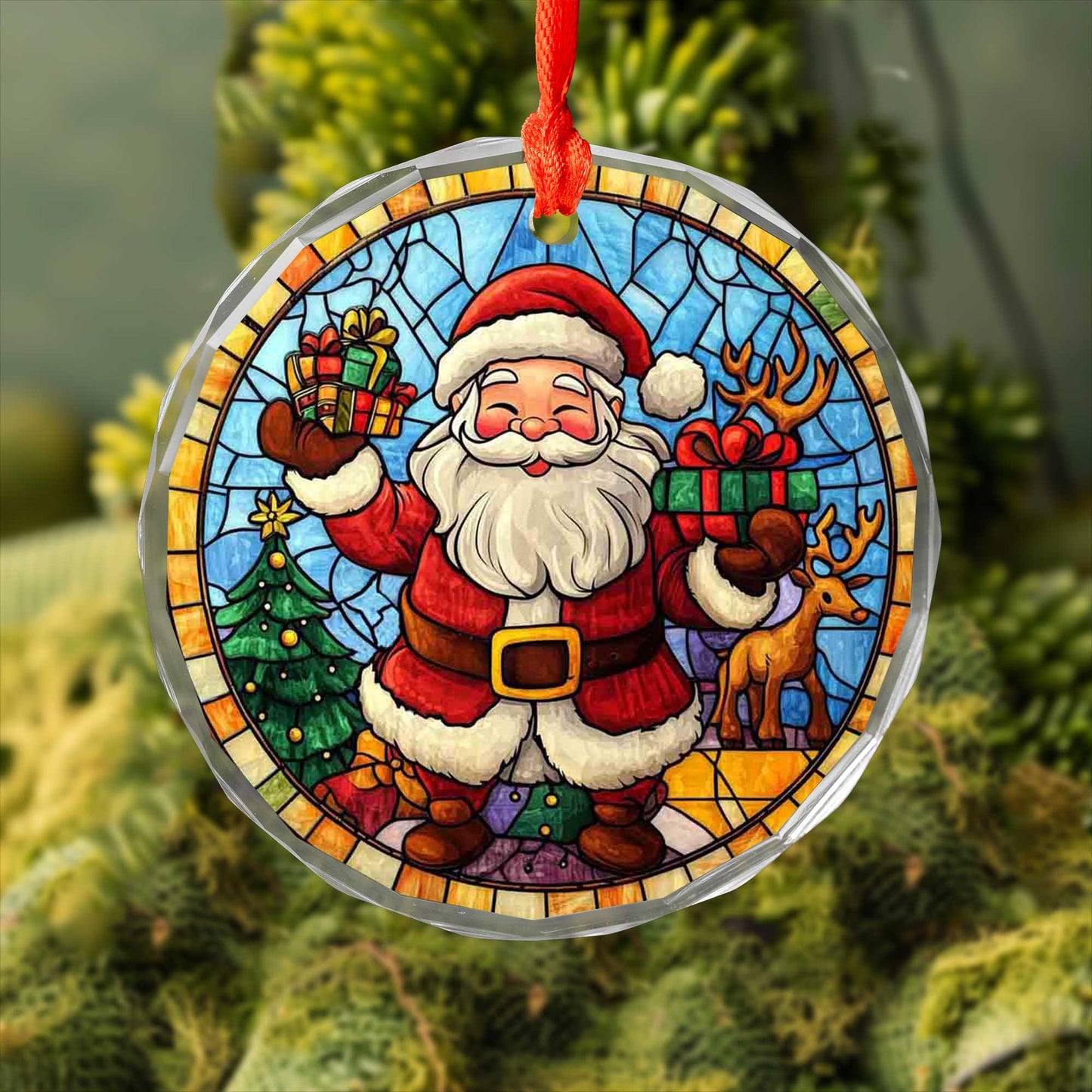 Netecom Santa Claus & Reindeer Stained Glass Ornament – Merry Christmas Tree Decoration, Holiday Gift Keepsake, 3 in