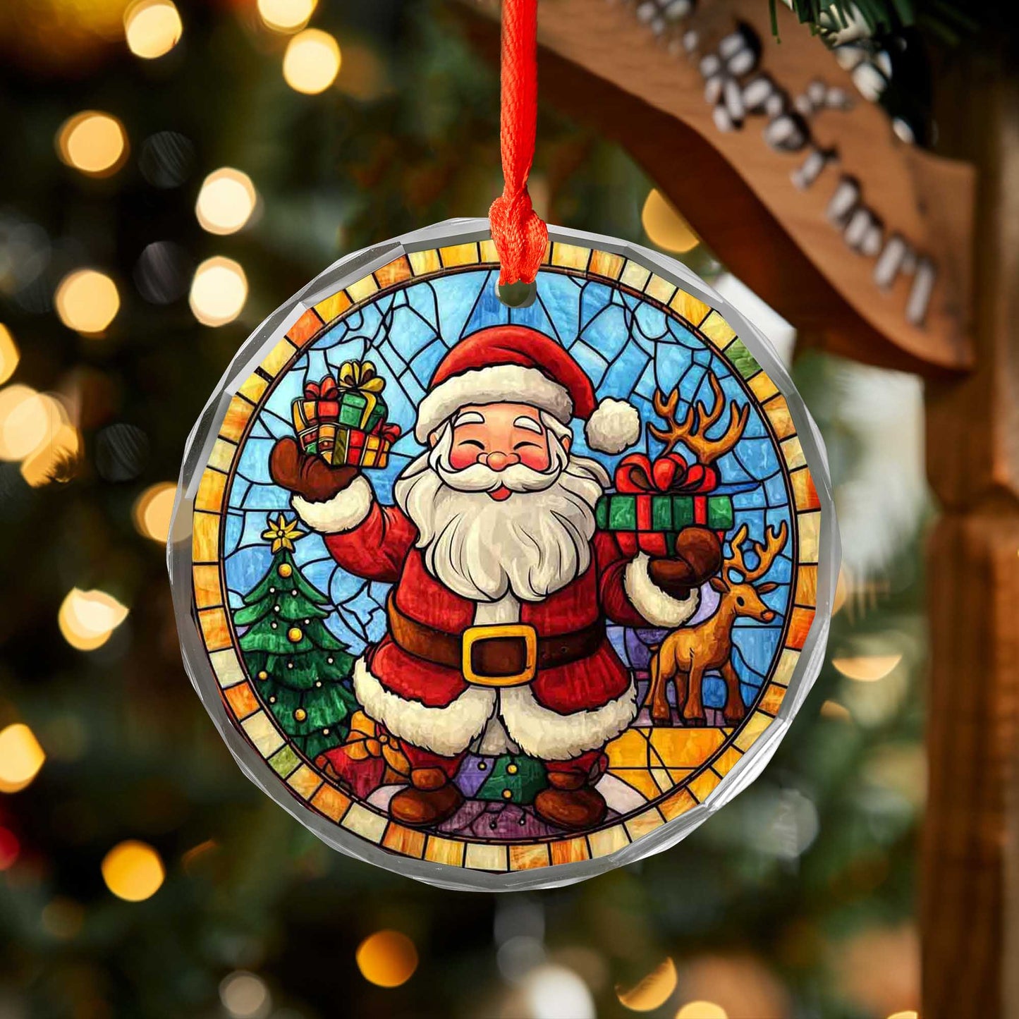 Netecom Santa Claus & Reindeer Stained Glass Ornament – Merry Christmas Tree Decoration, Holiday Gift Keepsake, 3 in