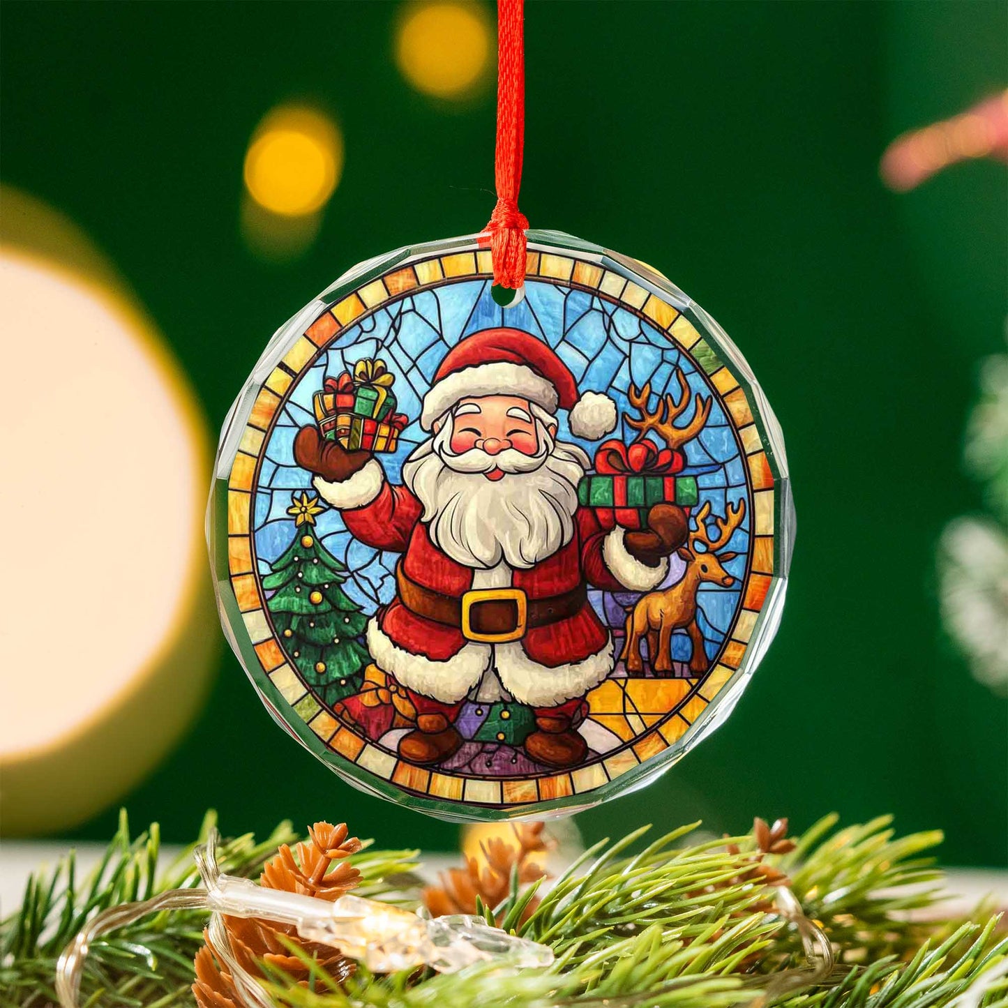 Netecom Santa Claus & Reindeer Stained Glass Ornament – Merry Christmas Tree Decoration, Holiday Gift Keepsake, 3 in